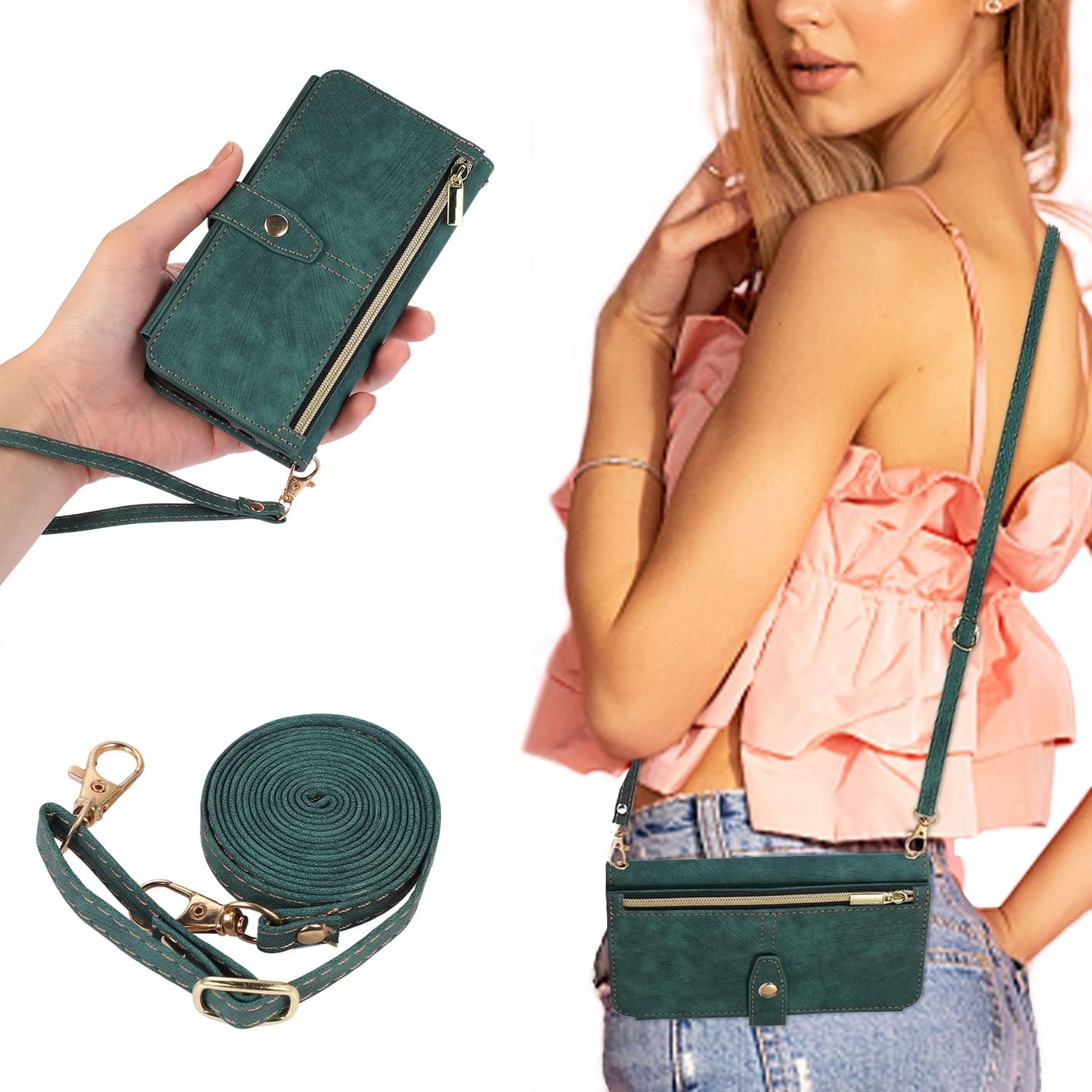 Crossbody Wallet Case for iPhone 12/iPhone 12 Pro 6.1 inch, 9 Card Slots Adjustable Crossbody Zipper Cover