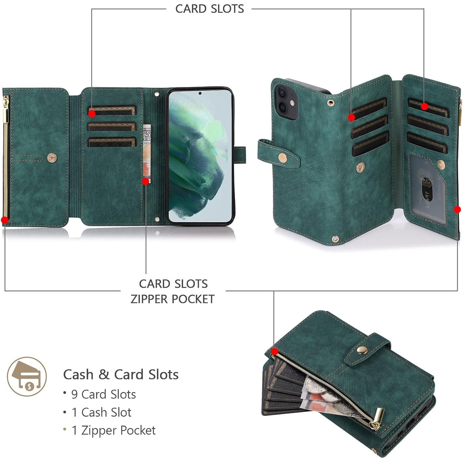 Crossbody Wallet Case for iPhone 12/iPhone 12 Pro 6.1 inch, 9 Card Slots Adjustable Crossbody Zipper Cover