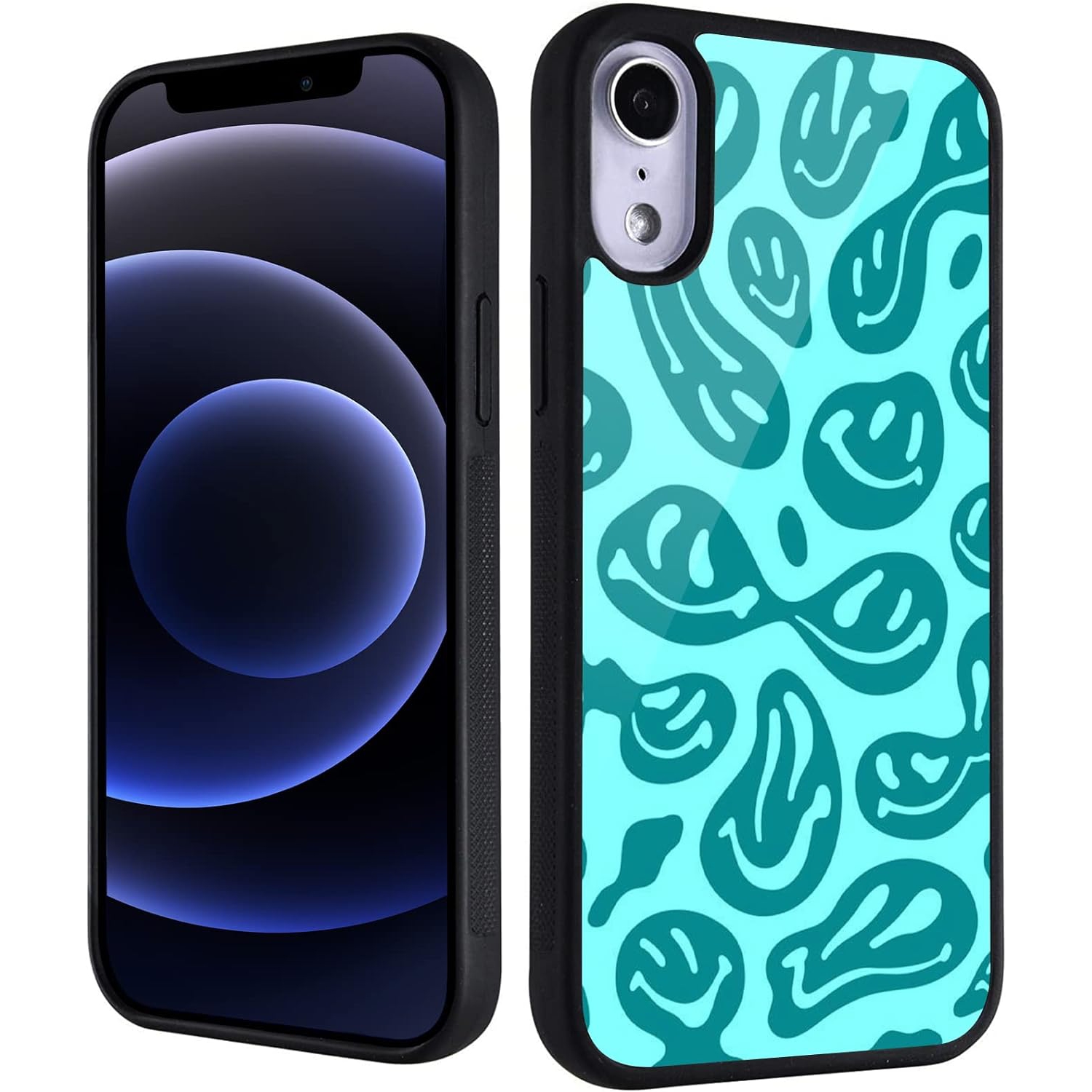 for iPhone XR Girls Women Cute Case Blue Trippy Smiley Face Print Soft TPU Hard Back Shockproof Anti-Scratch