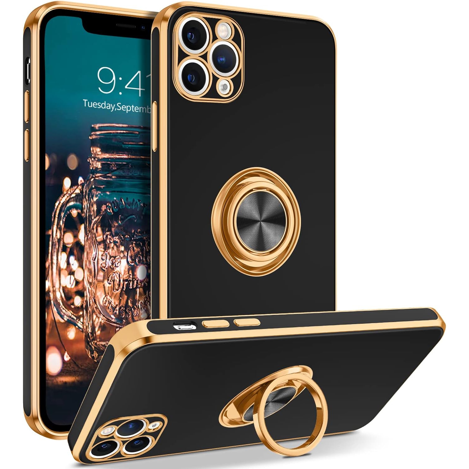 iPhone 11 Pro Case, iPhone 11 Pro Phone Case Ring Holder Edge Plating Rotation Kickstand Soft Silicone TPU
