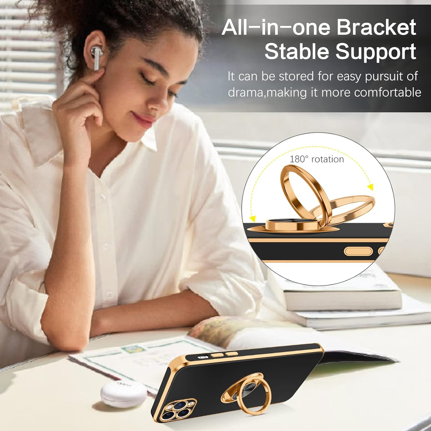 iPhone 11 Pro Case, iPhone 11 Pro Phone Case Ring Holder Edge Plating Rotation Kickstand Soft Silicone TPU