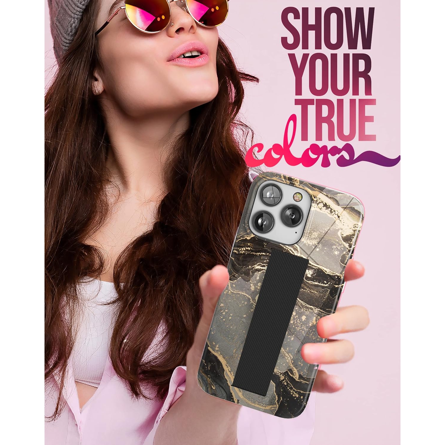 Finger Loop Case Designed for iPhone 14 PRO Case with Hand Strap Phone Holder and Screen Protector (Ring Gold