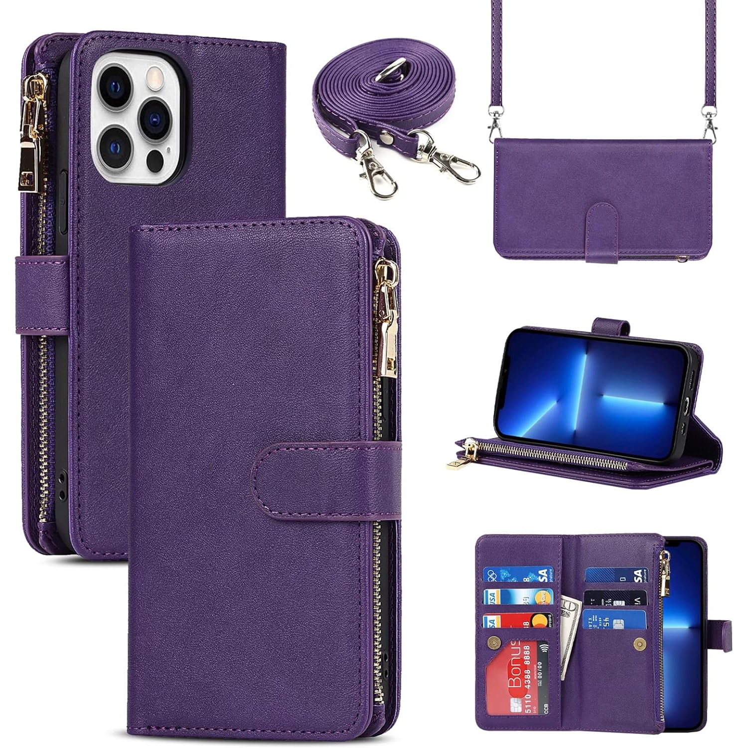 Compatible with iPhone 13 Pro Max Wallet Case,[9 Card Slots] Removable Adjustable Crossbody Necklace Lanyard