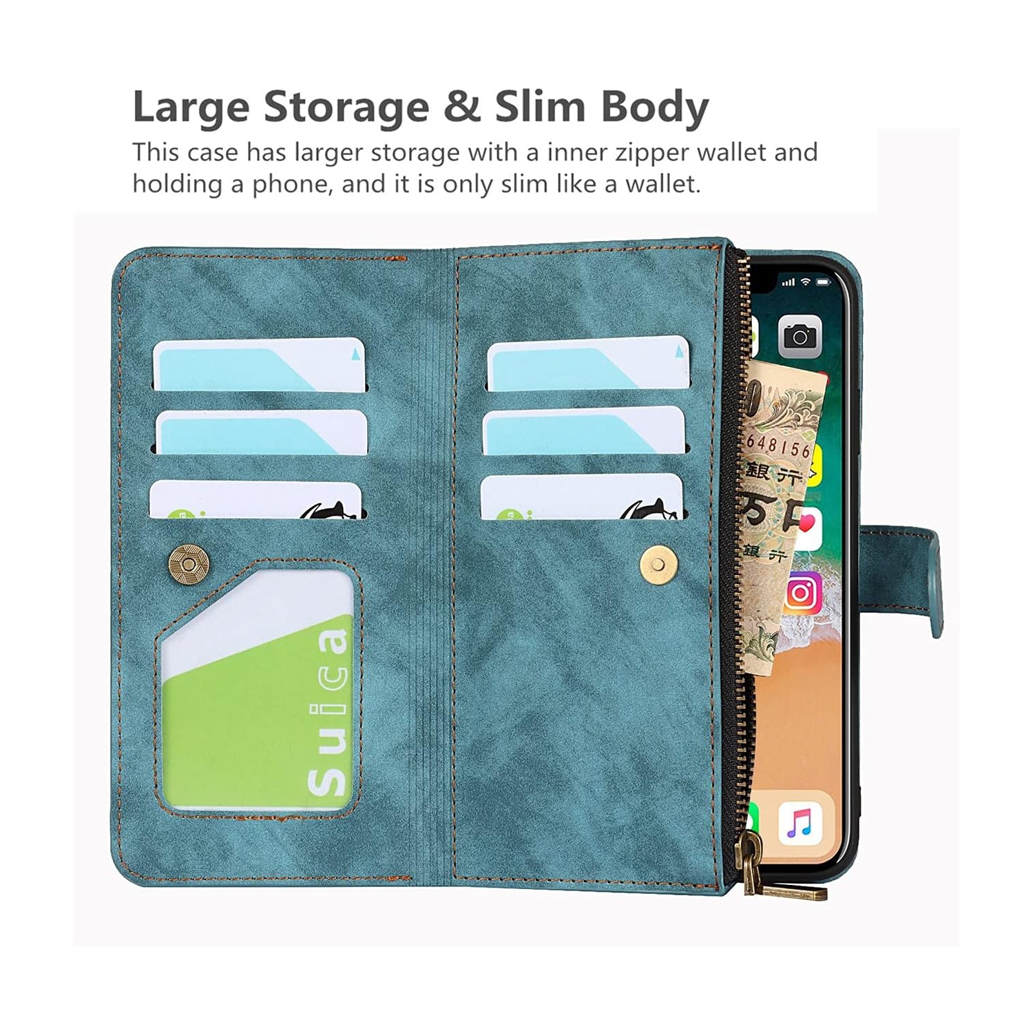 iPhone Xs Max Wallet Case with Card Holder, 2 in 1 PU Leather Case with Magnetic Clasp Zipper Pocket