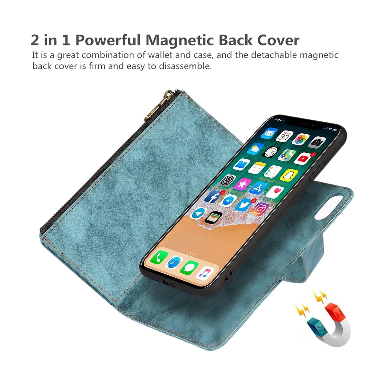 iPhone Xs Max Wallet Case with Card Holder, 2 in 1 PU Leather Case with Magnetic Clasp Zipper Pocket