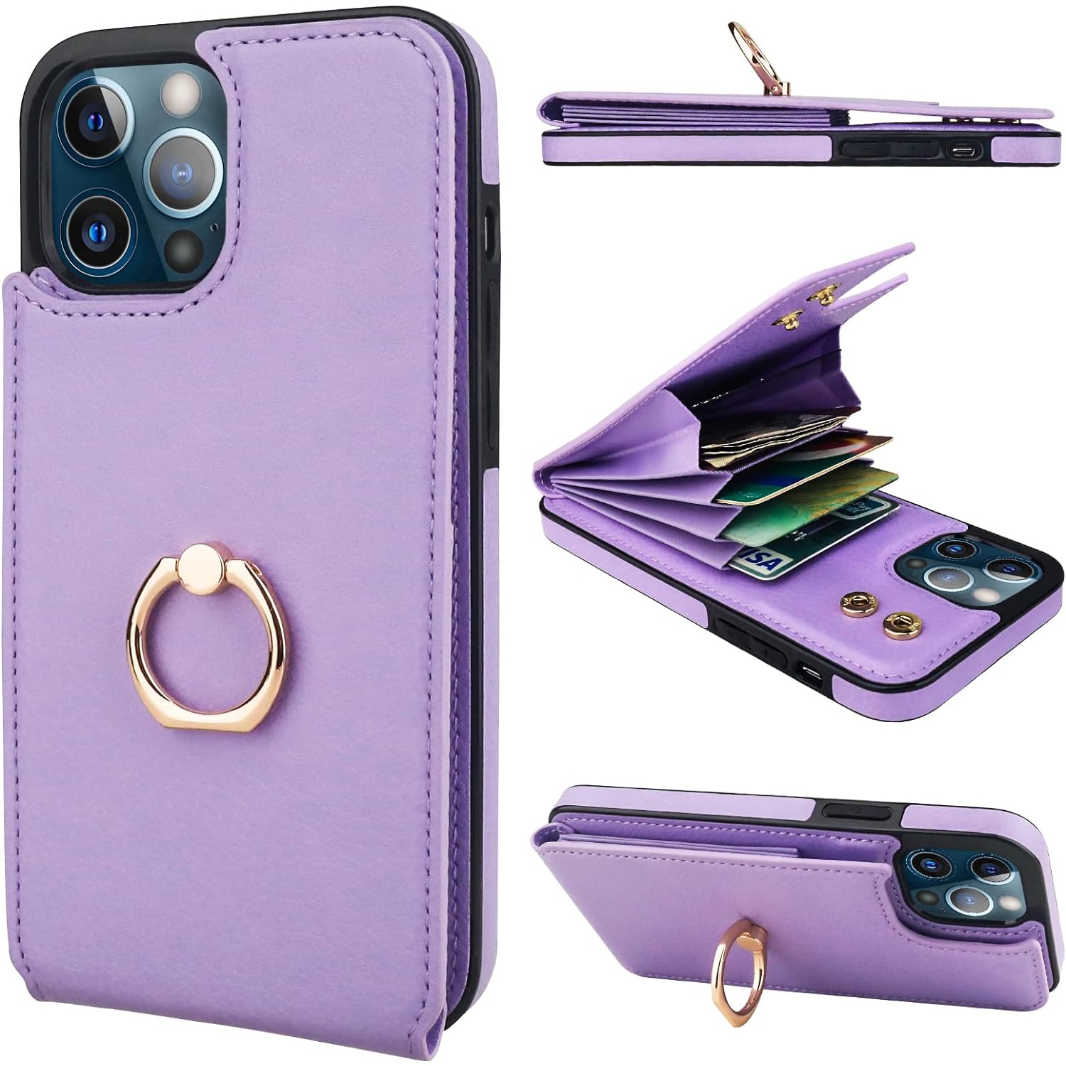 Compatible with iPhone 12 Pro Max Case Wallet with Card Holder, 360°Rotation Finger Ring Holder Kickstand