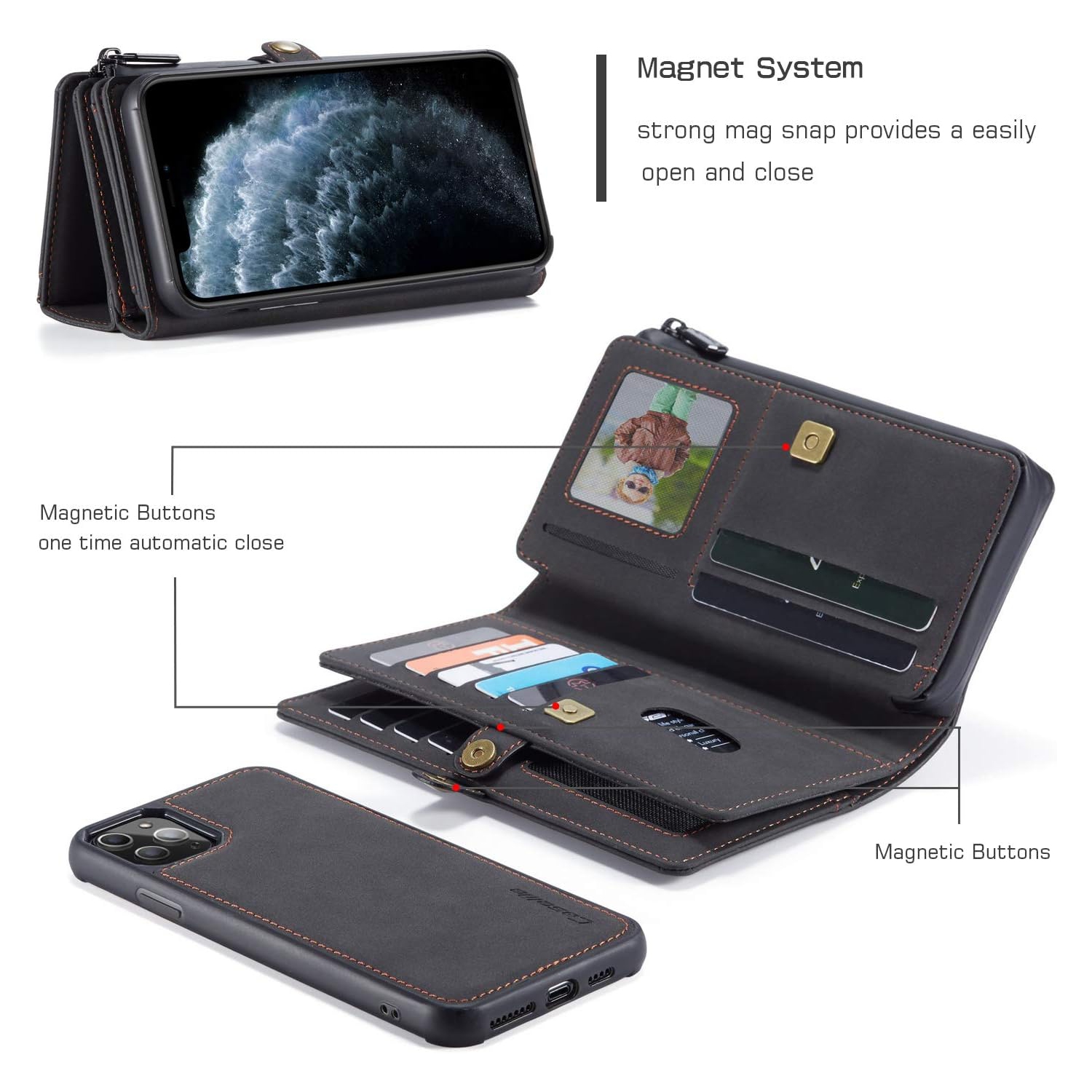 iPhone 11 Pro Wallet Case, Zipper Purse Folio Magnetic Leather Wallet Protection Card Slot Holder Detachable Slim