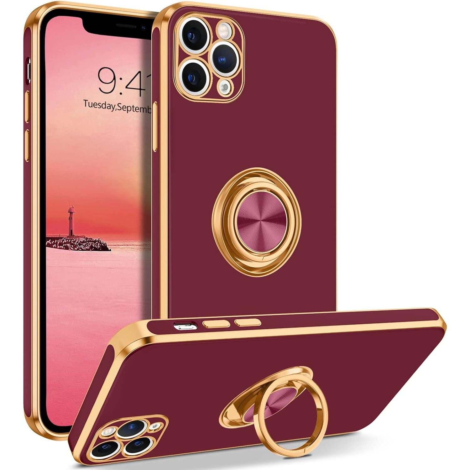 iPhone 11 Pro Max Case, Ring Holder Edge Plating Rotation Kickstand Soft Silicone TPU Bumper Women Girls Slim
