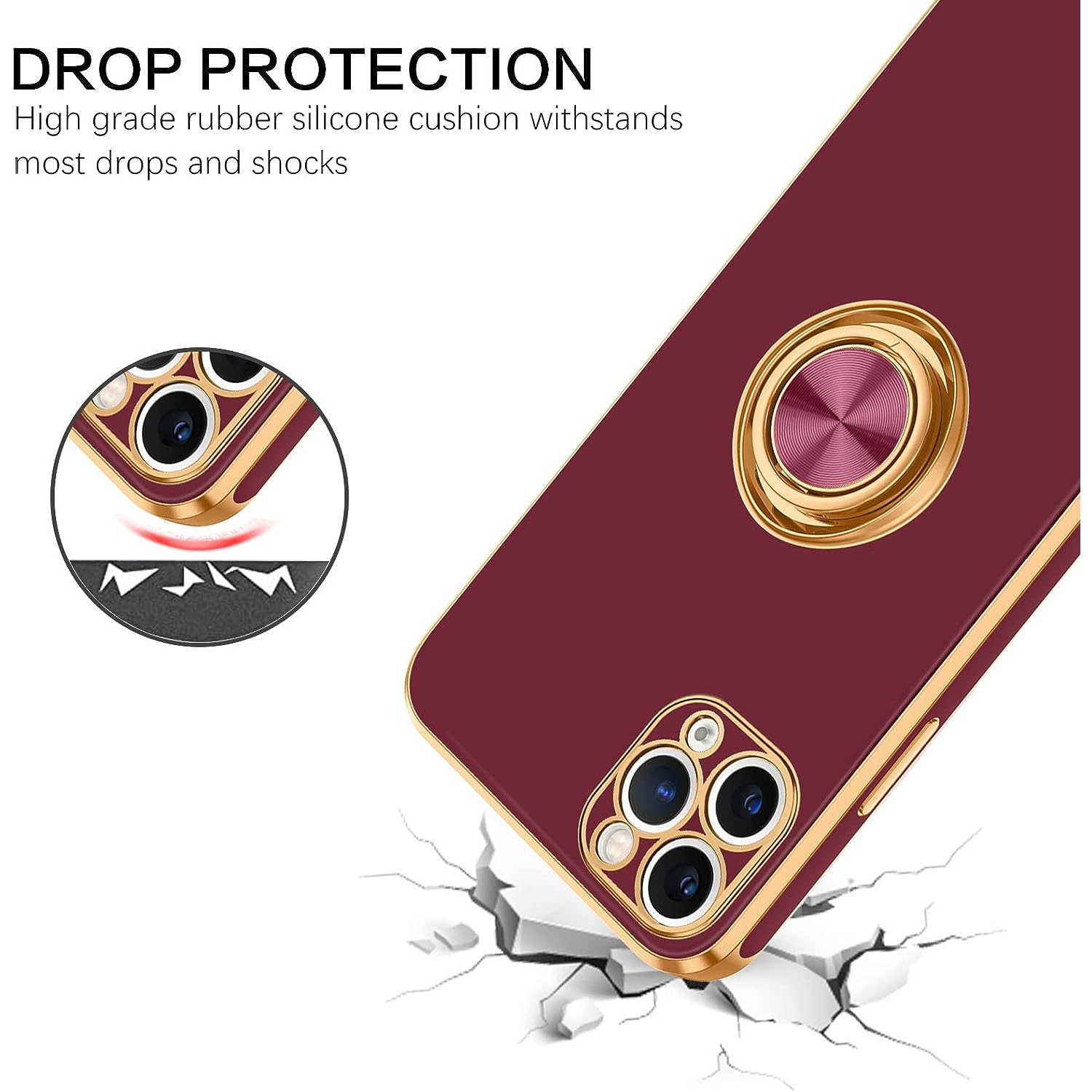 iPhone 11 Pro Max Case, Ring Holder Edge Plating Rotation Kickstand Soft Silicone TPU Bumper Women Girls Slim