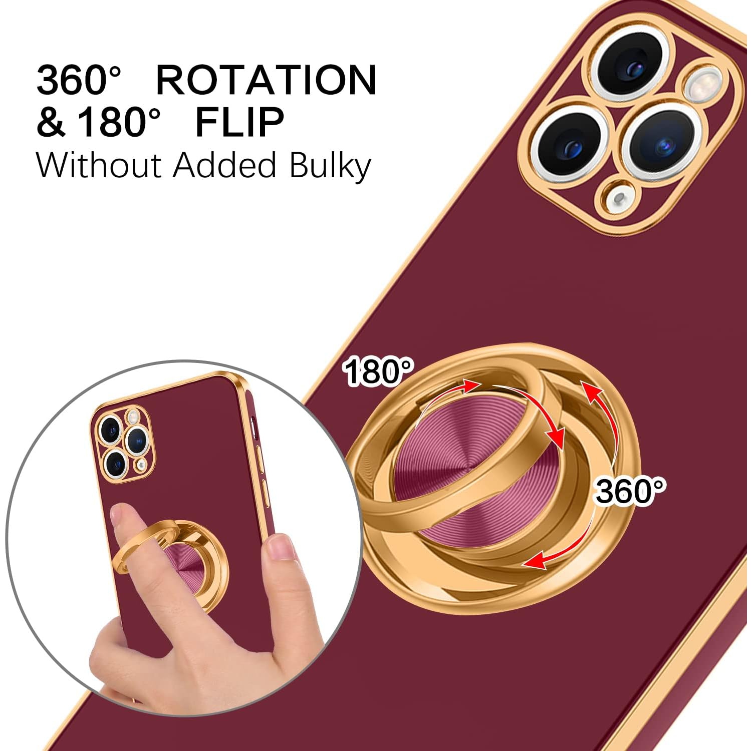 iPhone 11 Pro Max Case, Ring Holder Edge Plating Rotation Kickstand Soft Silicone TPU Bumper Women Girls Slim