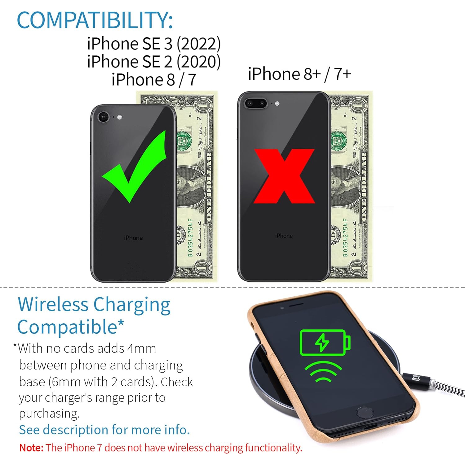 iPhone SE 3, SE 2 (2020) & iPhone 8/7 Wallet Card Case with Metal Plate for Magnetic Mounting & 2 Card