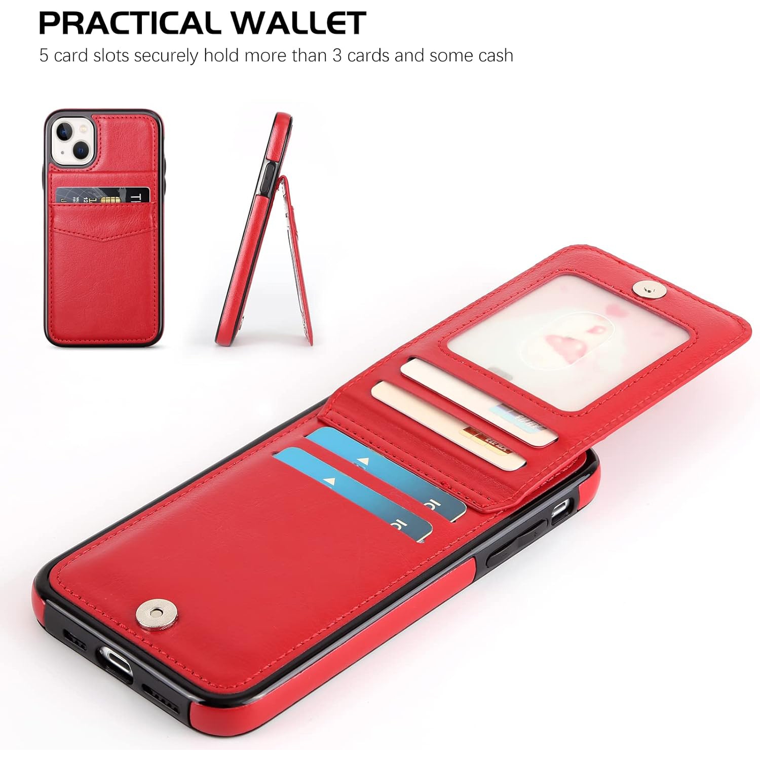 iPhone 14 Wallet Case 6.1 Inch with Card Holder Slots PU Leather Kickstand Magnetic Lock Durable Lightweight
