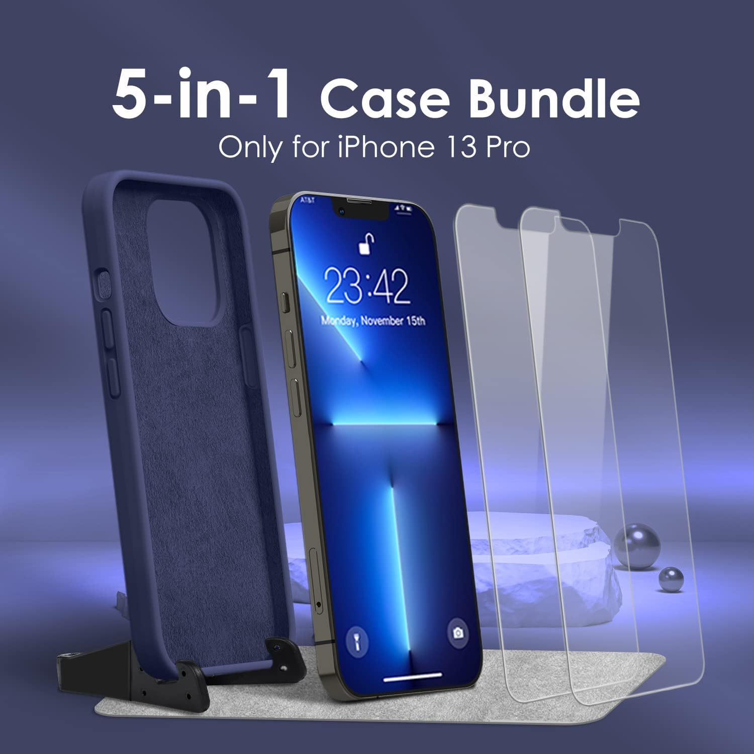[5 in 1] Case for iPhone 13 Pro Case, Silicone Shockproof Case with 2 Pack Screen Protector, Raised Lip