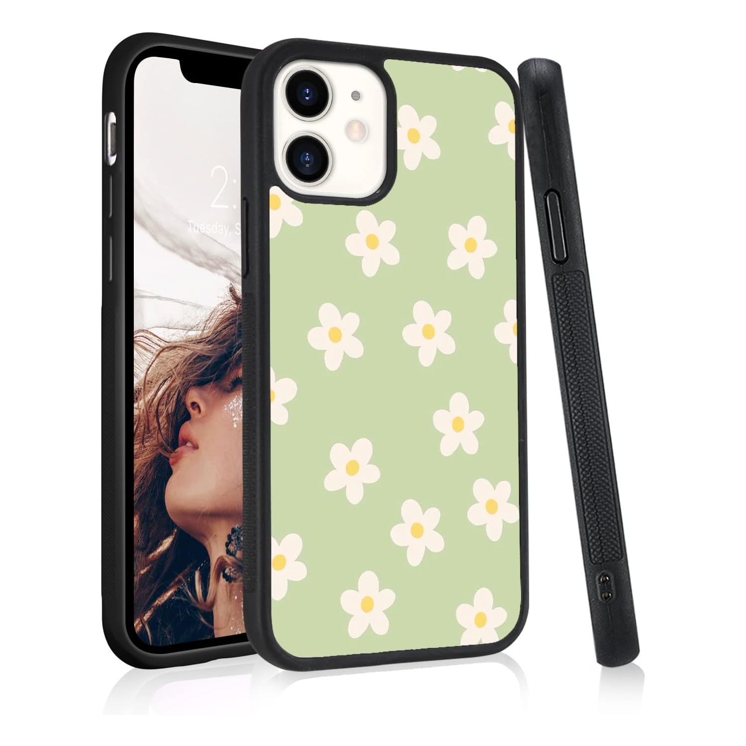 Green White Flower Pattern for iPhone 6/6s Case Shockproof Anti-Scratch Protective Cover Soft TPU Hard Back Cute Slim