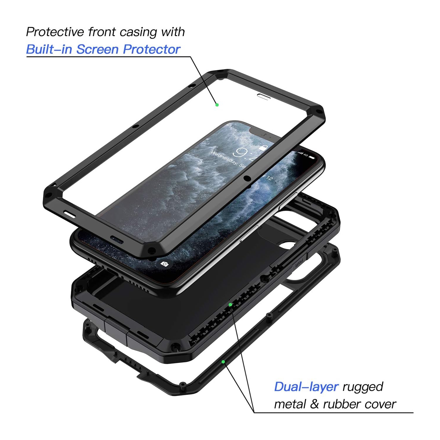 iPhone 11 Pro Max Case, Heavy Duty Shockproof [Tough Armour] Metal Case with Built-in Screen Protector, 360