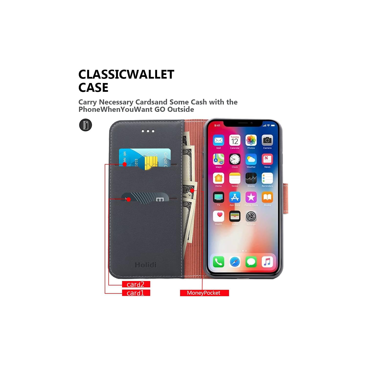 Wallet Case for iPhone X/XS, RFID Card Slot Holder, Shock Resistant TPU Inner Shell and Leather Flip Cover