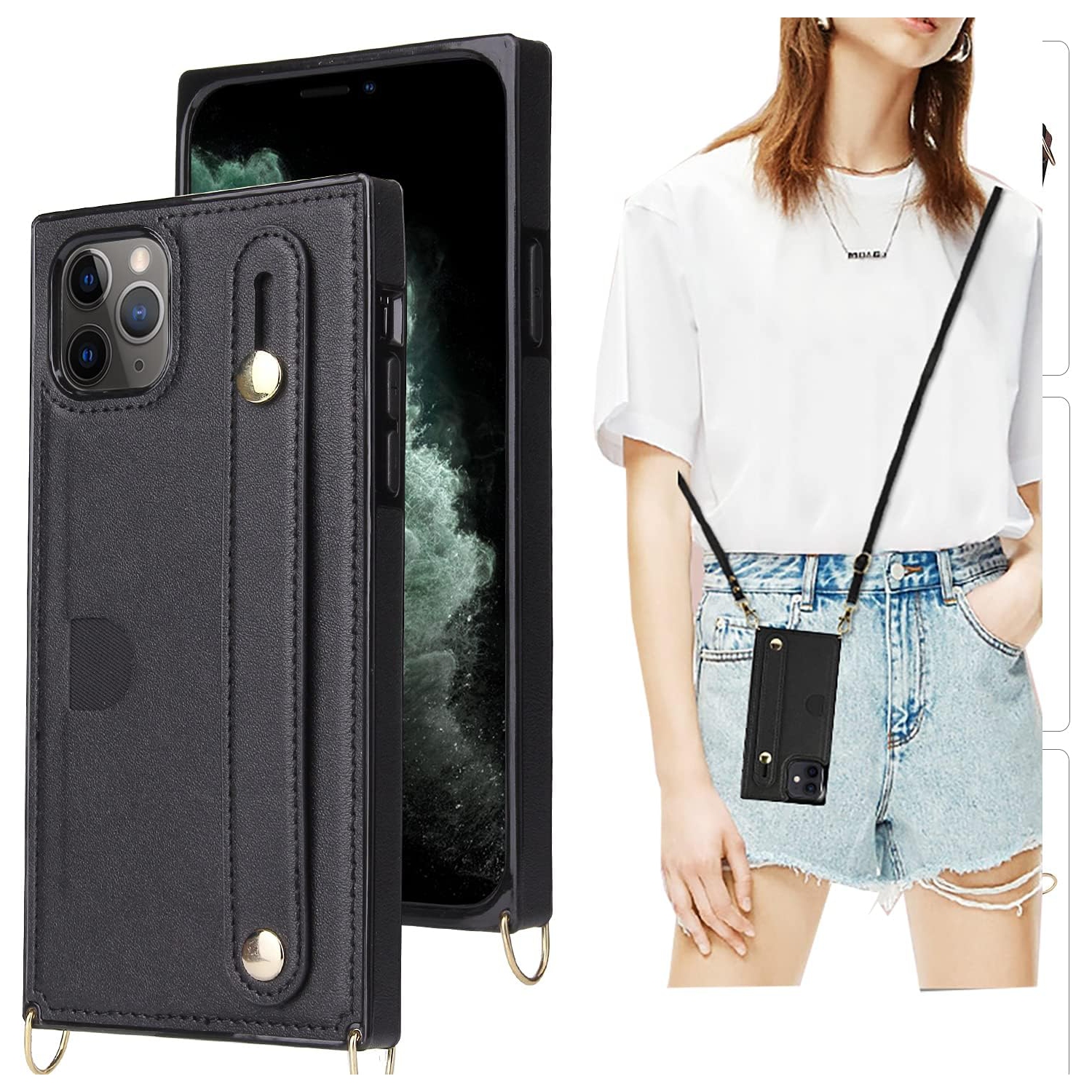 for iPhone 11 Pro Max Wallet Case for Women,Removable Adjustable Strap Crossbody Card Holders Cover Neck Strap