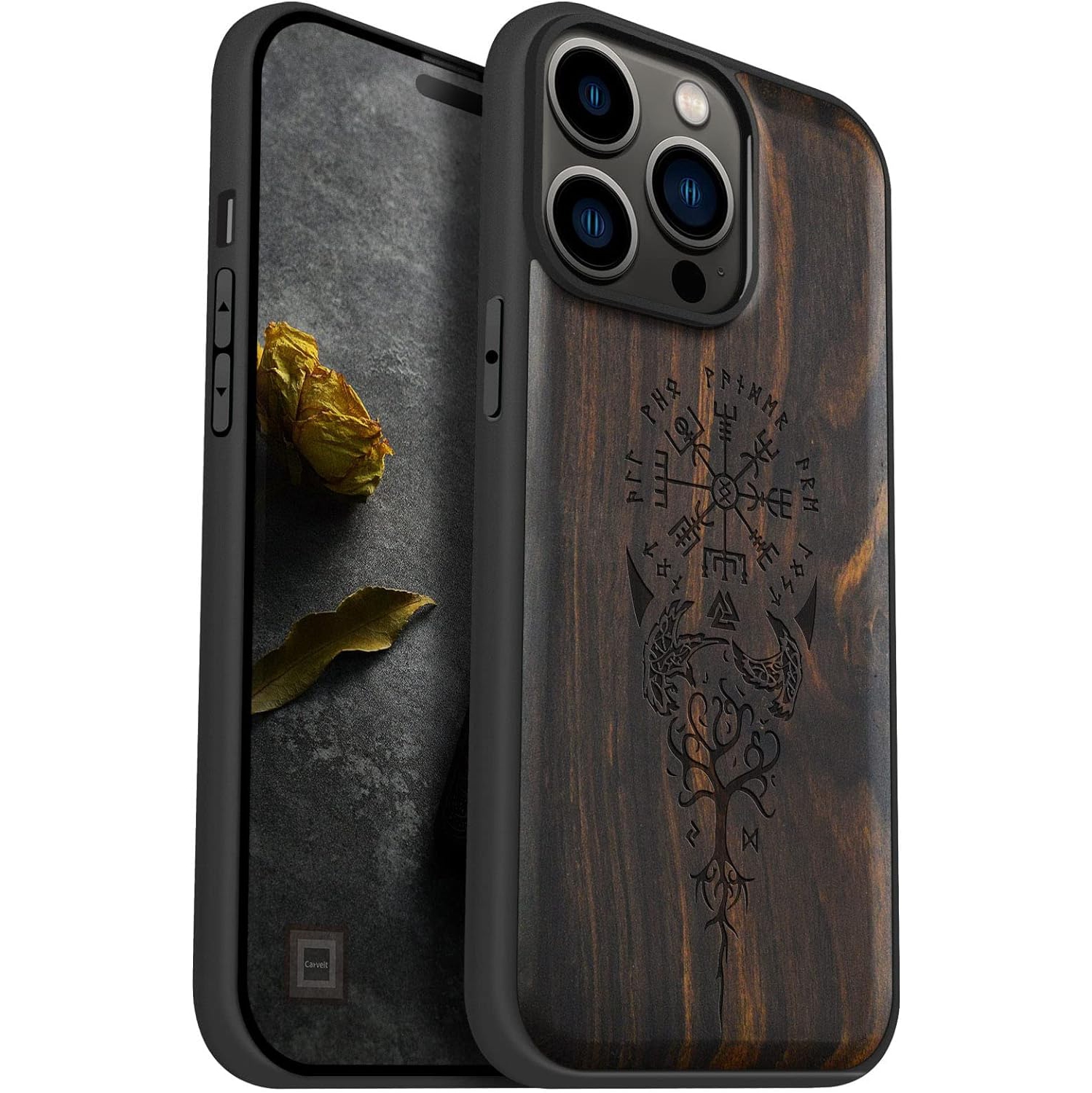 Magnetic Wood Case for iPhone 14 Pro Max [Natural Wood & Black Soft TPU] Shockproof Protective Cover Unique &