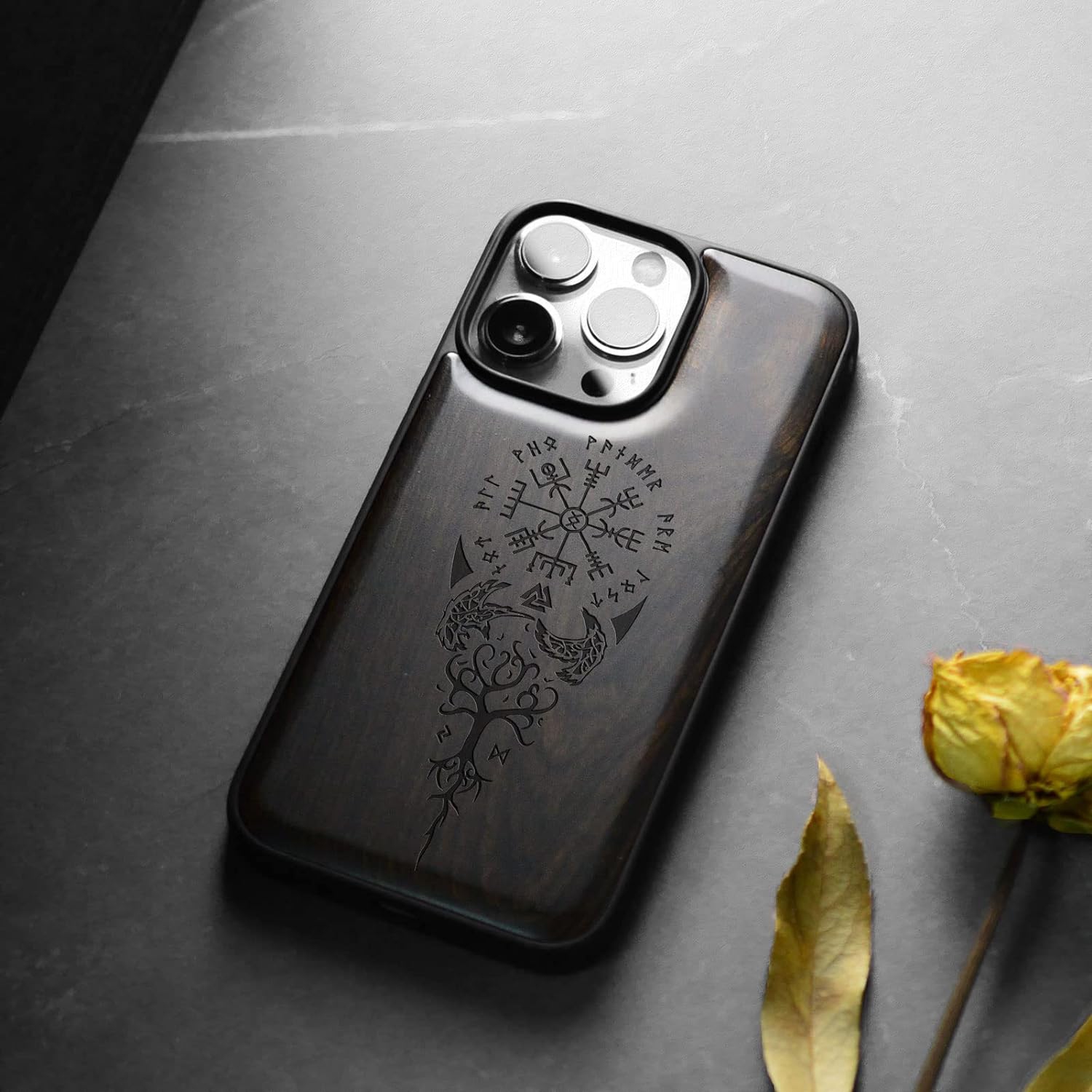 Magnetic Wood Case for iPhone 14 Pro Max [Natural Wood & Black Soft TPU] Shockproof Protective Cover Unique &