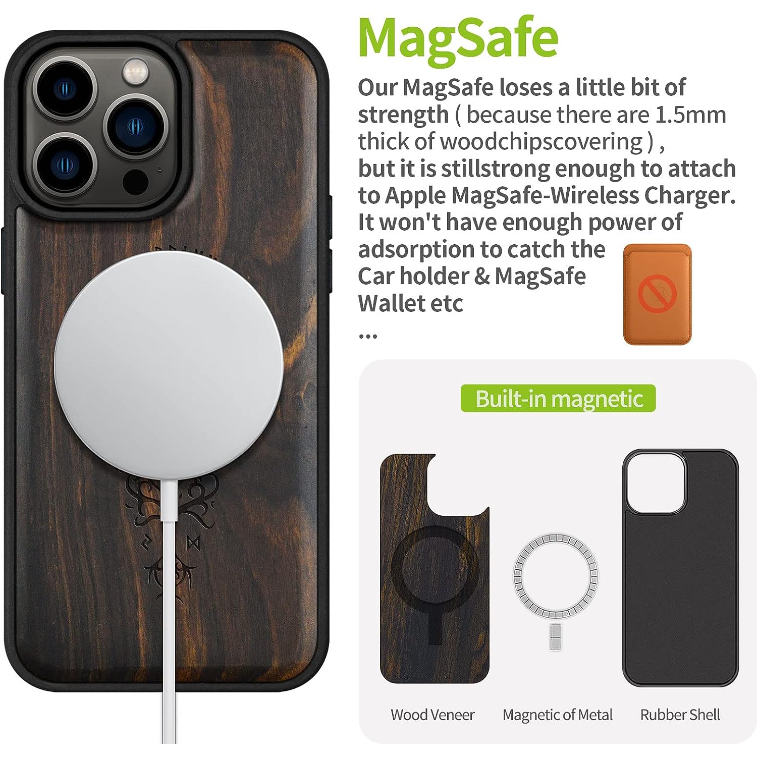 Magnetic Wood Case for iPhone 14 Pro Max [Natural Wood & Black Soft TPU] Shockproof Protective Cover Unique &