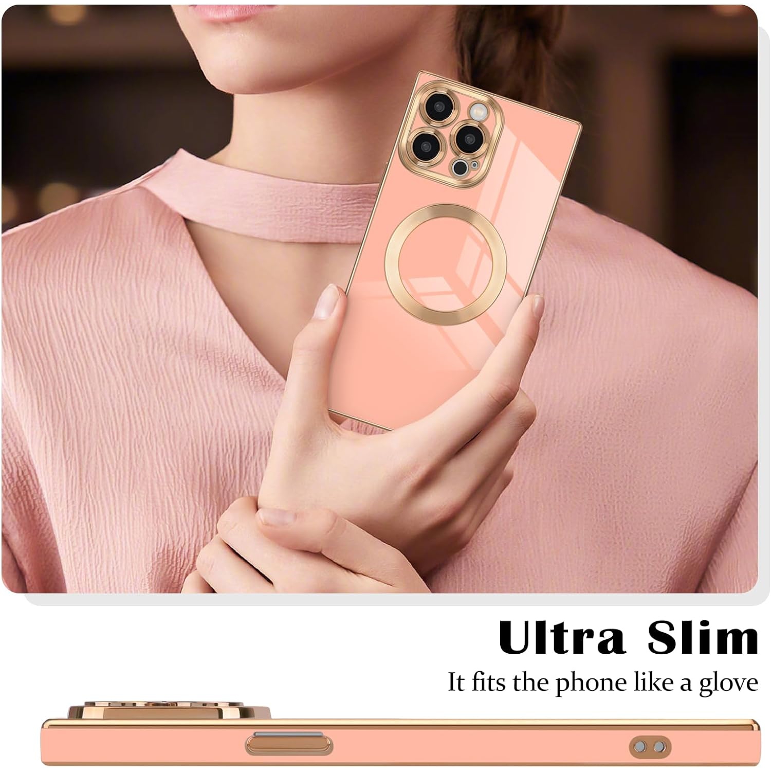 for iPhone 13 Pro Max Magnetic Case, Luxury Plating Edge Square Case for Women Girls Men Soft TPU Bumper