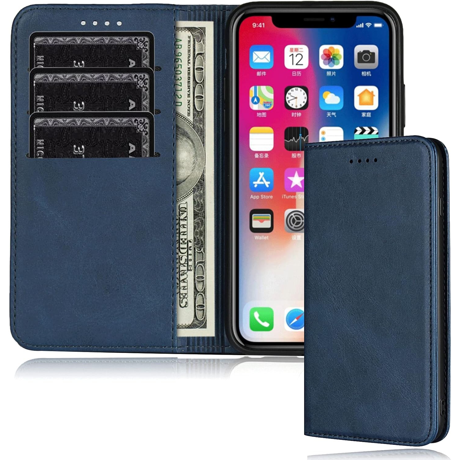 iPhone X Wallet Case / iPhone XS Case with Card Holder Slot Premium PU Leather Strong Magnetic Flip Folio