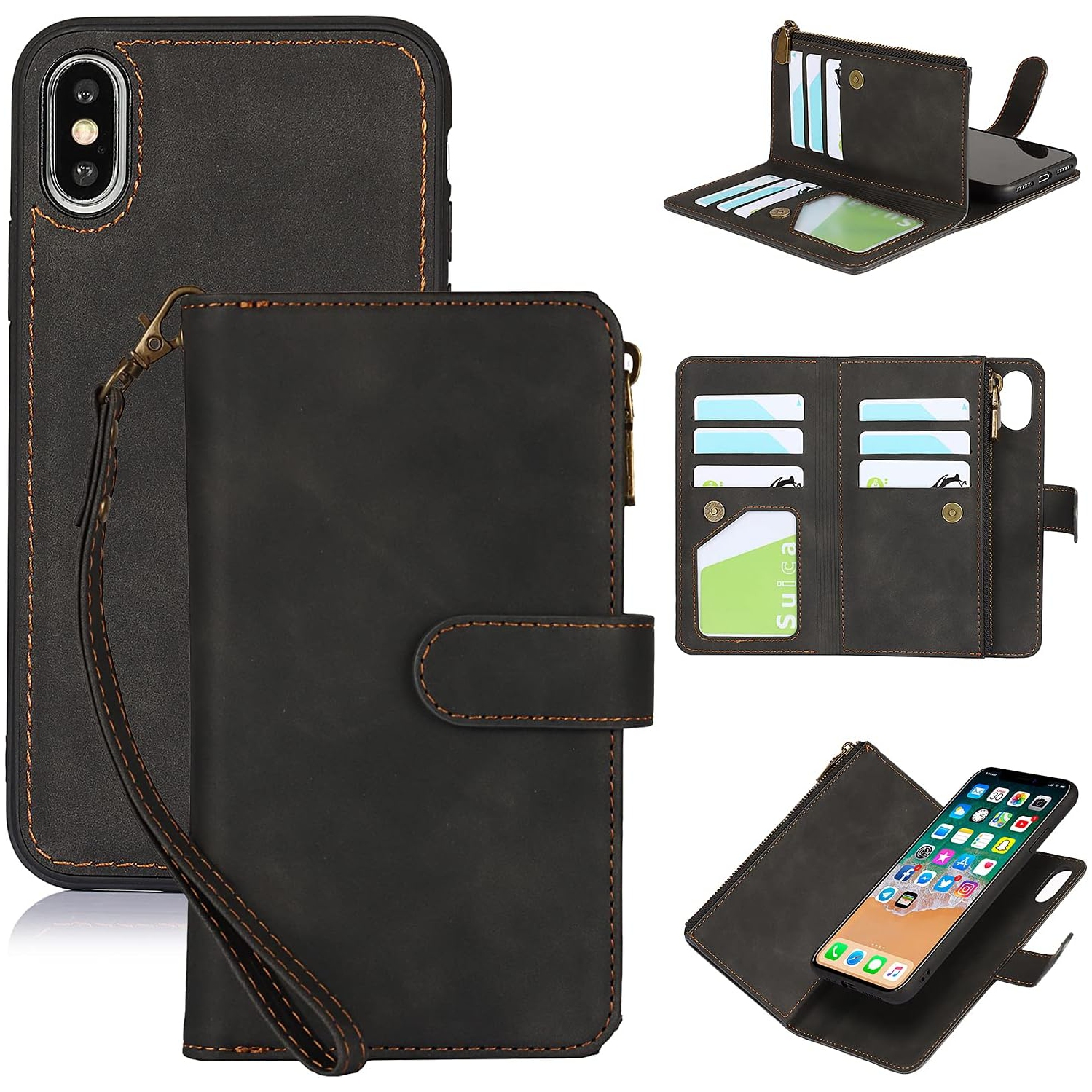 for iPhone X/iPhone Xs Wallet Case,2 in 1 Detachable Flip Wallet Case with Zipper [Premium Leather][6 Card