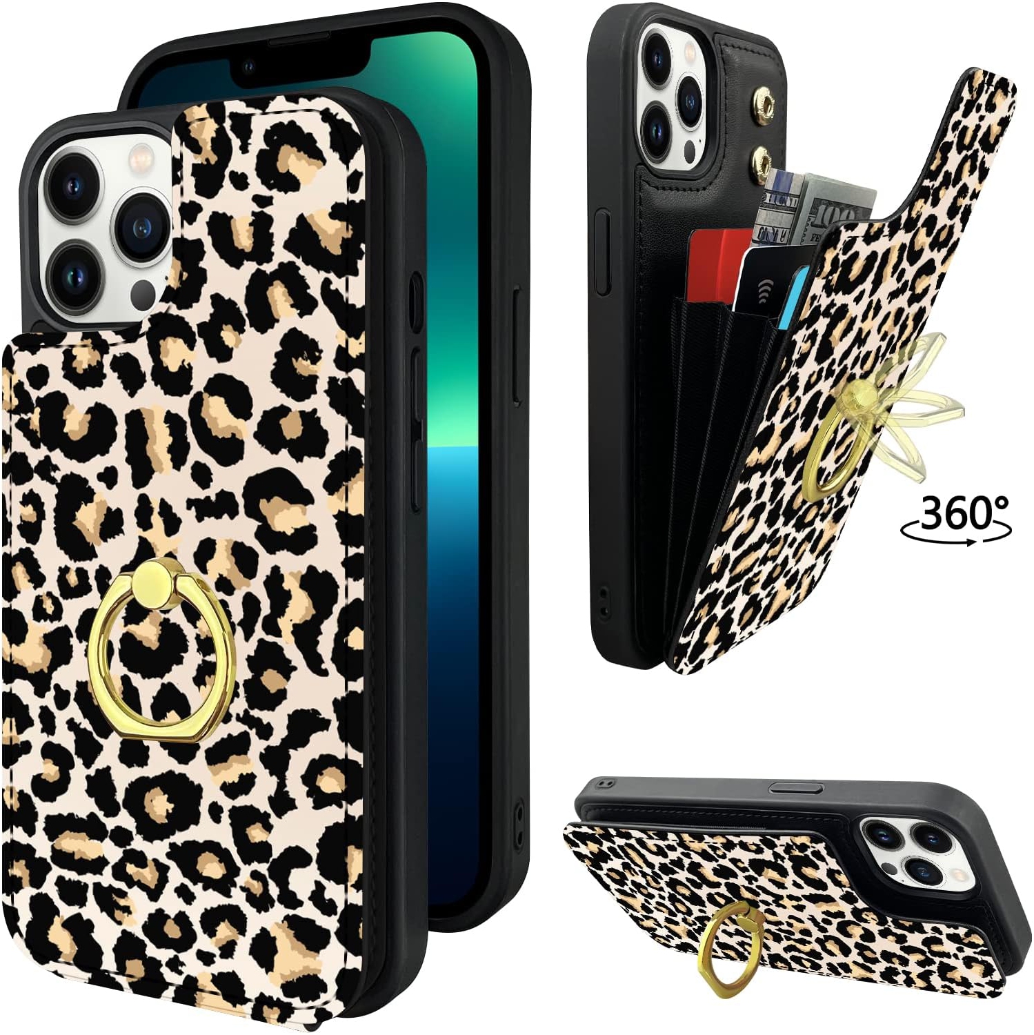 Compatible with iPhone 13 Pro Max Wallet Case with Card Holder, 360°Rotation Finger Ring Holder Kickstand