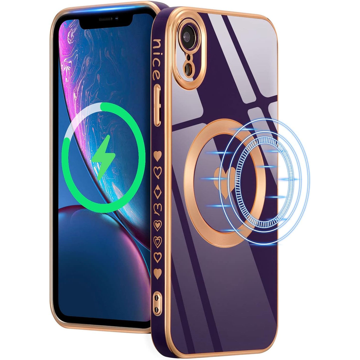 Magnetic Case for iPhone XR, Cute Plating Love Hearts Pattern Case Compatible with MagSafe Charger Soft Bumper