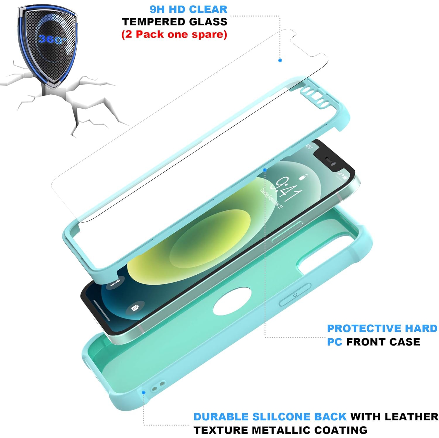 Compatible with iPhone 12 Mini Case with 2 Pack Tempered Glass Screen Protector,Full Body Slim Shockproof Hard