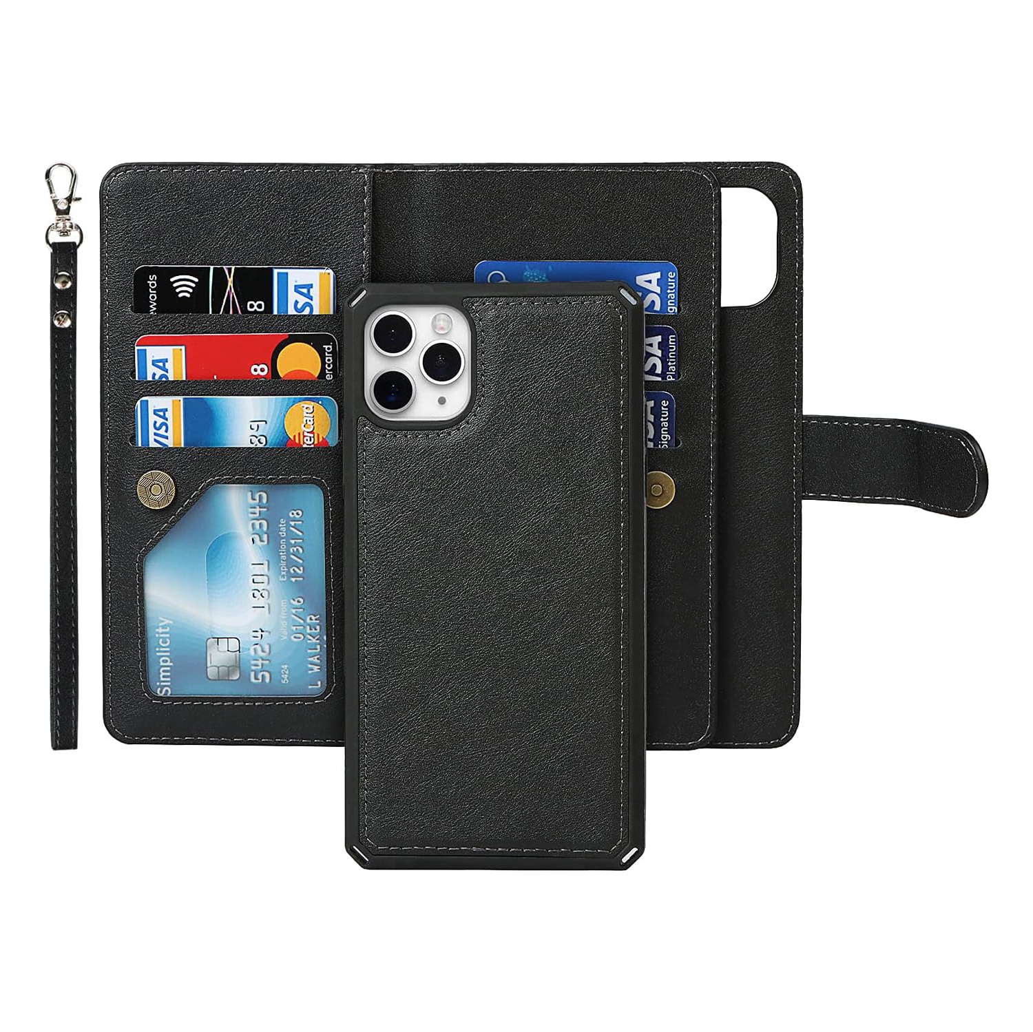 for iPhone 11 Pro Max Wallet Case with Card Holder and Wrist Strap, PU Leather Kickstand Card Slots Magnetic
