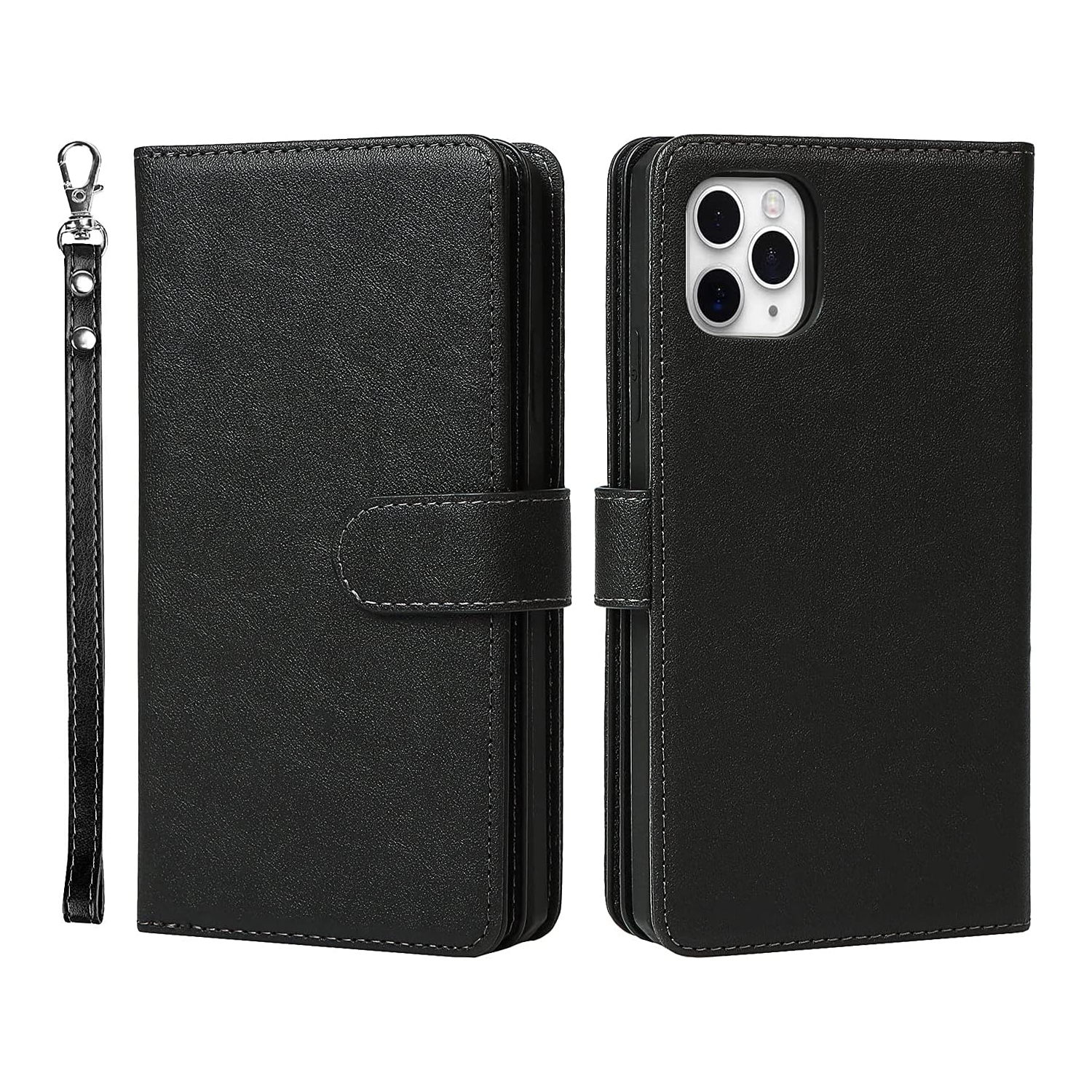 for iPhone 11 Pro Max Wallet Case with Card Holder and Wrist Strap, PU Leather Kickstand Card Slots Magnetic