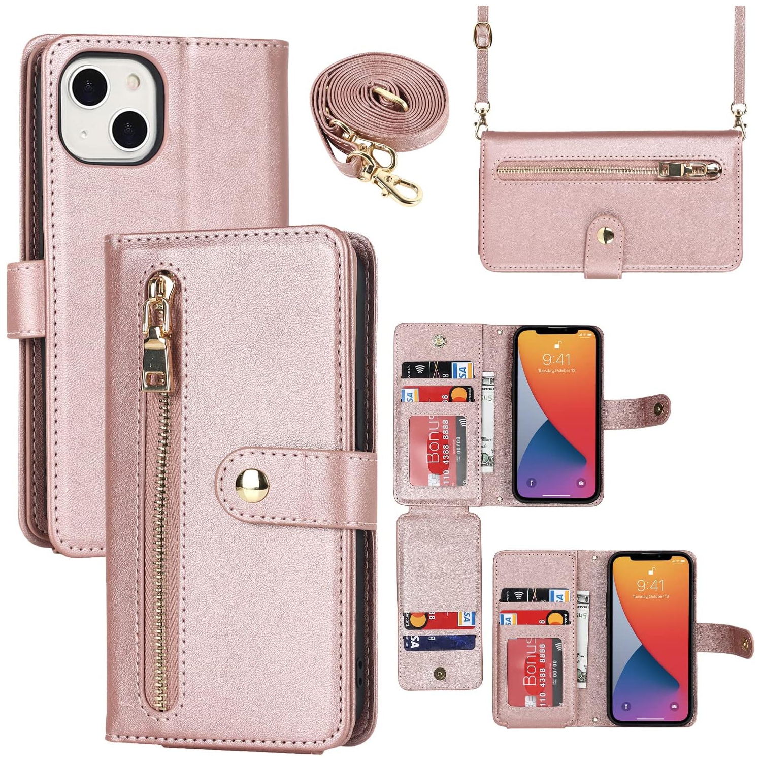 for iPhone 13 Mini Wallet Case with Card Holder, Adjustable Crossbody Lanyard PU Leather Kickstand Card