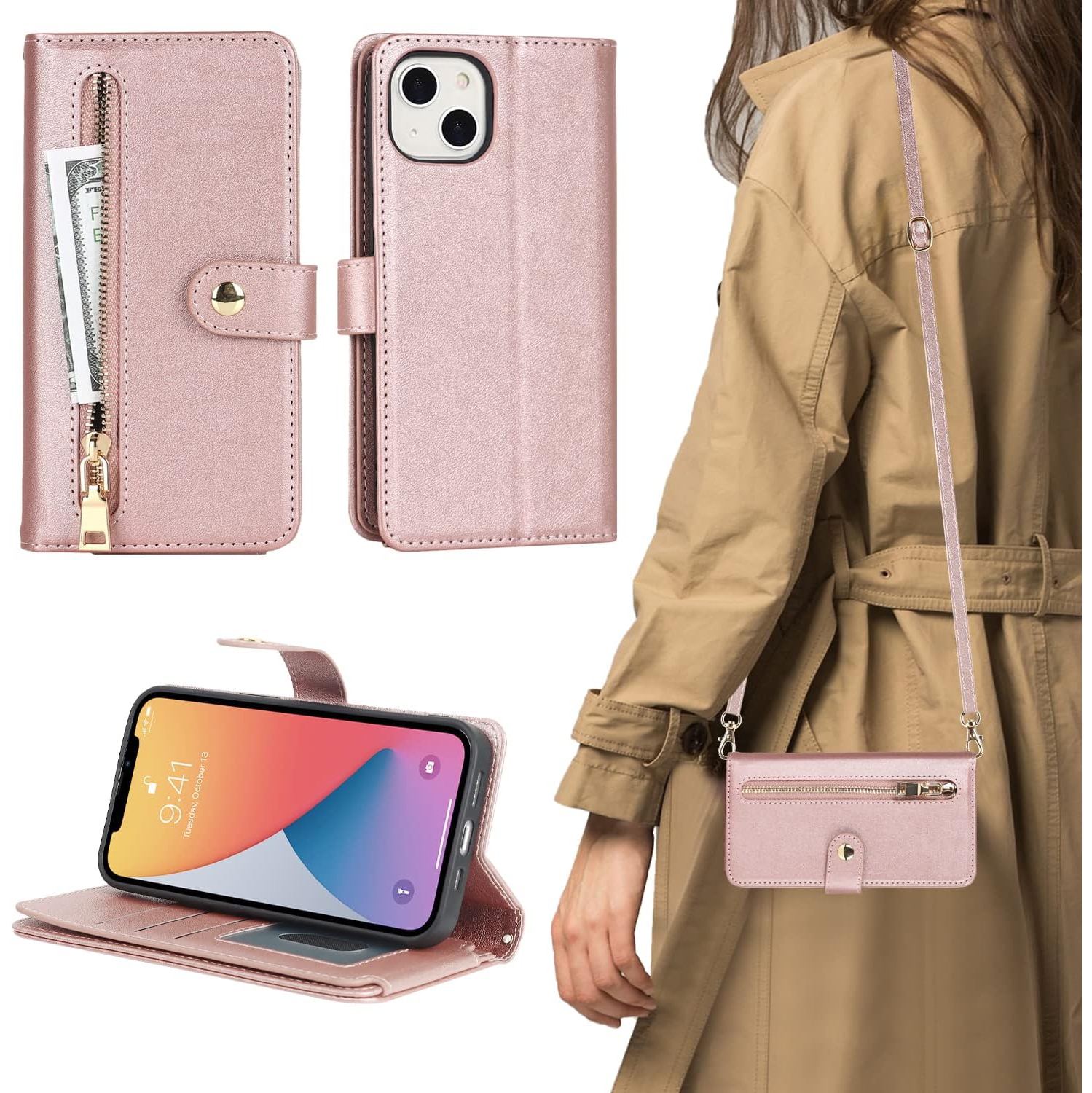 for iPhone 13 Mini Wallet Case with Card Holder, Adjustable Crossbody Lanyard PU Leather Kickstand Card