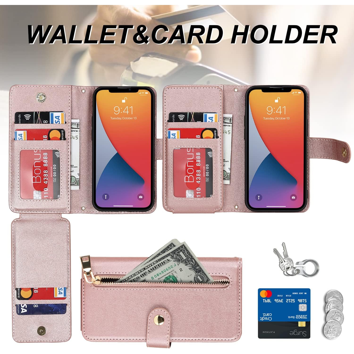 for iPhone 13 Mini Wallet Case with Card Holder, Adjustable Crossbody Lanyard PU Leather Kickstand Card