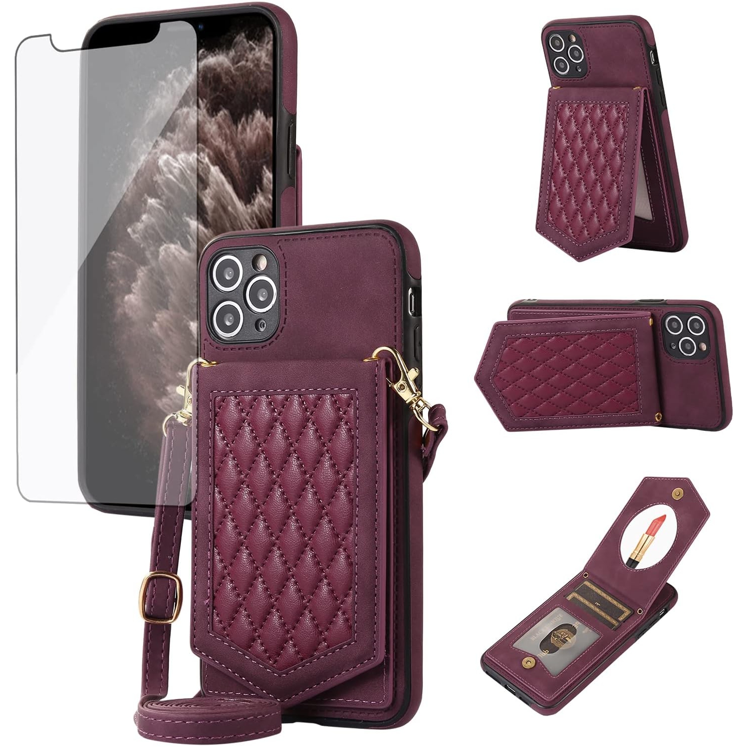 Phone Case for iPhone 11 Pro 5.8 Wallet Cover with Tempered Glass Screen Protector and Mirror Credit Card Holder Slot