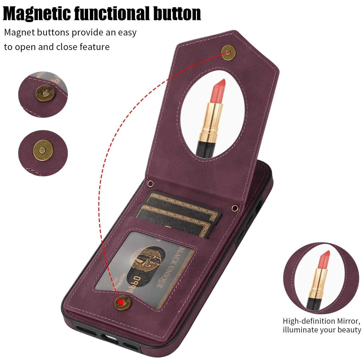 Phone Case for iPhone 11 Pro 5.8 Wallet Cover with Tempered Glass Screen Protector and Mirror Credit Card Holder Slot