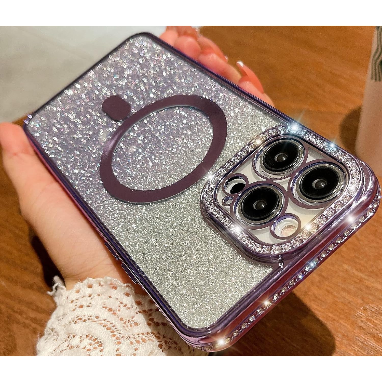 Designed for iPhone 14 Pro Magnetic Glitter Case, Luxury Plating Cute Bling Diamond Inlay Phone Cover Compatible