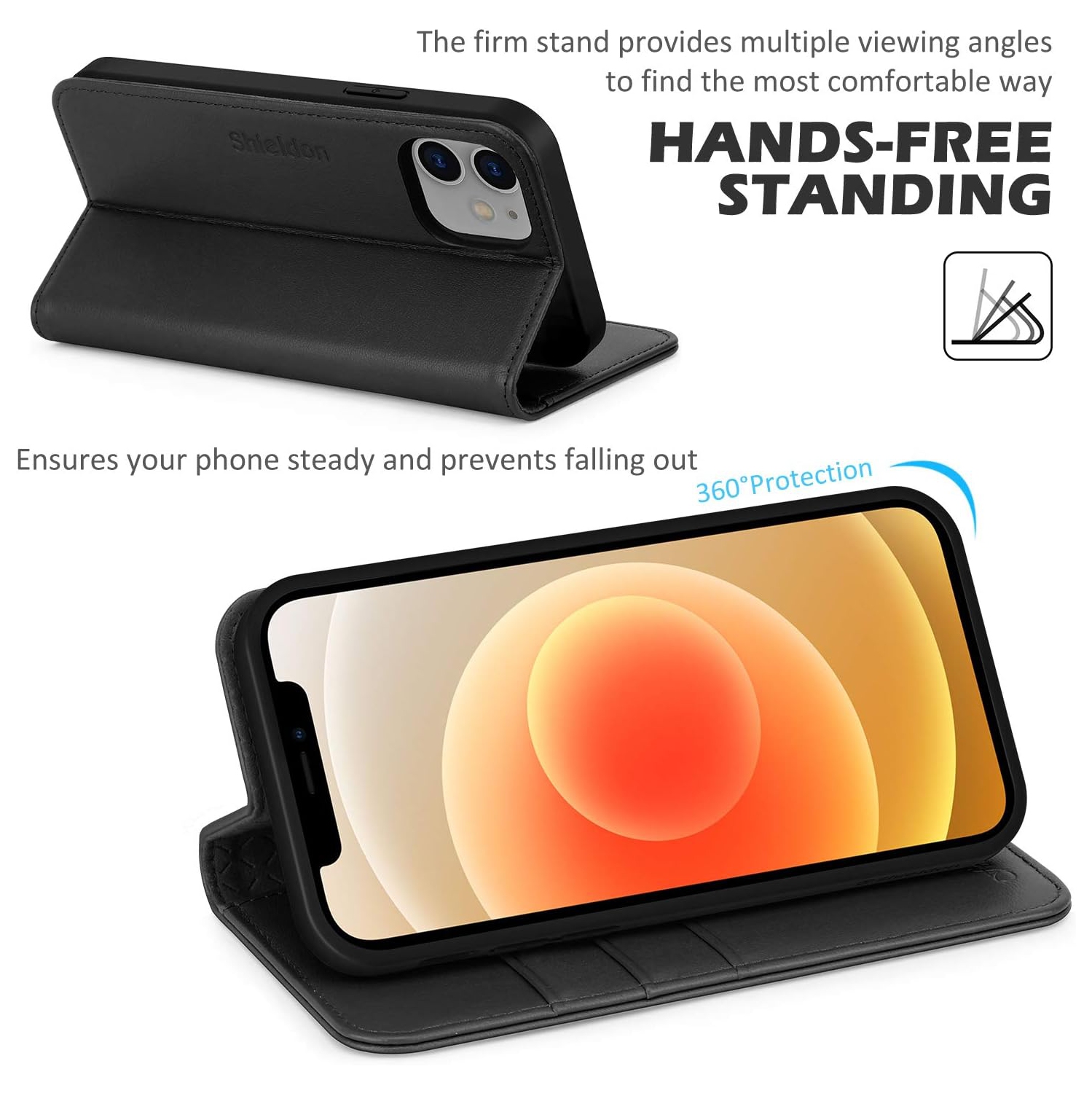 iPhone 12/12 Pro Case, iPhone 12 Genuine Leather Wallet Case with Credit Card Holder RFID Protective Stand TPU