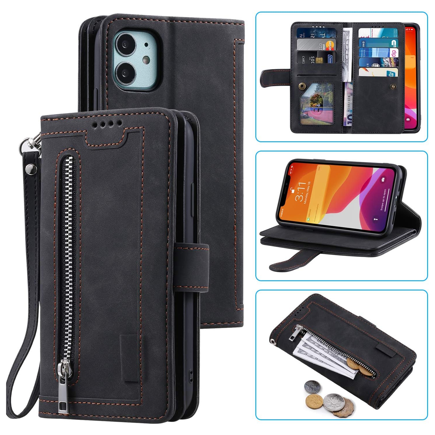 Wallet Case for iPhone 12 Mini 5.4 inch, Retro 9 Card Holder Slots Zipper Pocket Handbag Case PU Leather