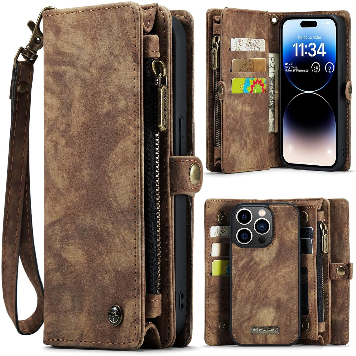 Case for iPhone 14 Pro, Wallet Case w/Magnetic Detachable Cover [11 Card Slots] Clutch Wallet w/Wristlets Money