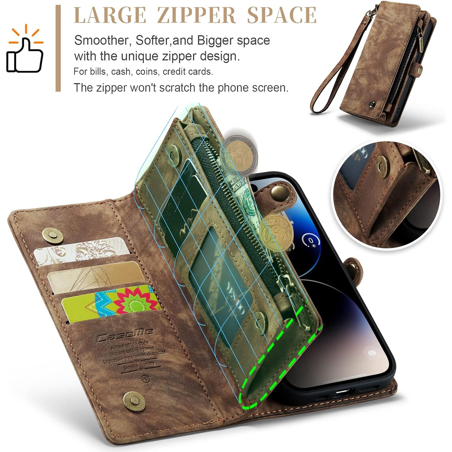 Case for iPhone 14 Pro, Wallet Case w/Magnetic Detachable Cover [11 Card Slots] Clutch Wallet w/Wristlets Money