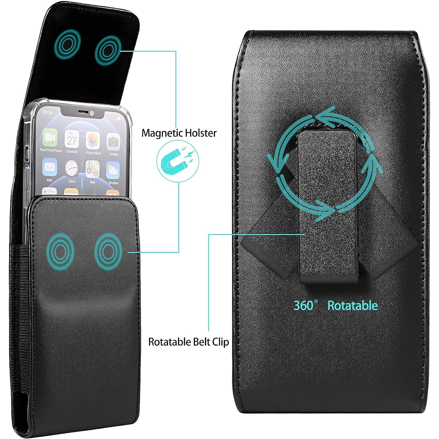 PU Leather Cell Phone Holster Swivel Belt Clip Case Compatible with iPhone 14 13 Pro Max Galaxy S23+ S22+ S21+ S20 FE