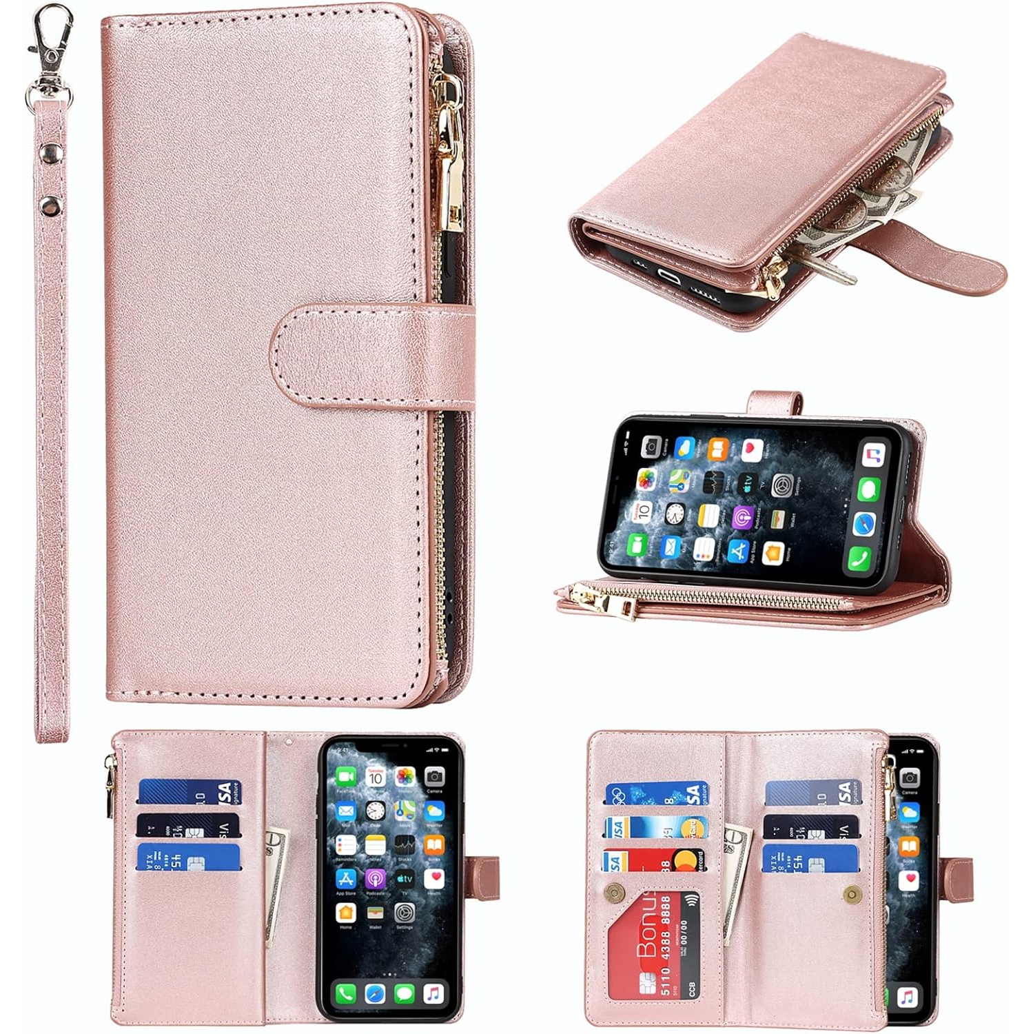 Wallet Case Compatible with iPhone 11 Pro Case,[9 Card Slots] [Wrist Strap] [Stand Feature] Zipper Cash Pocket