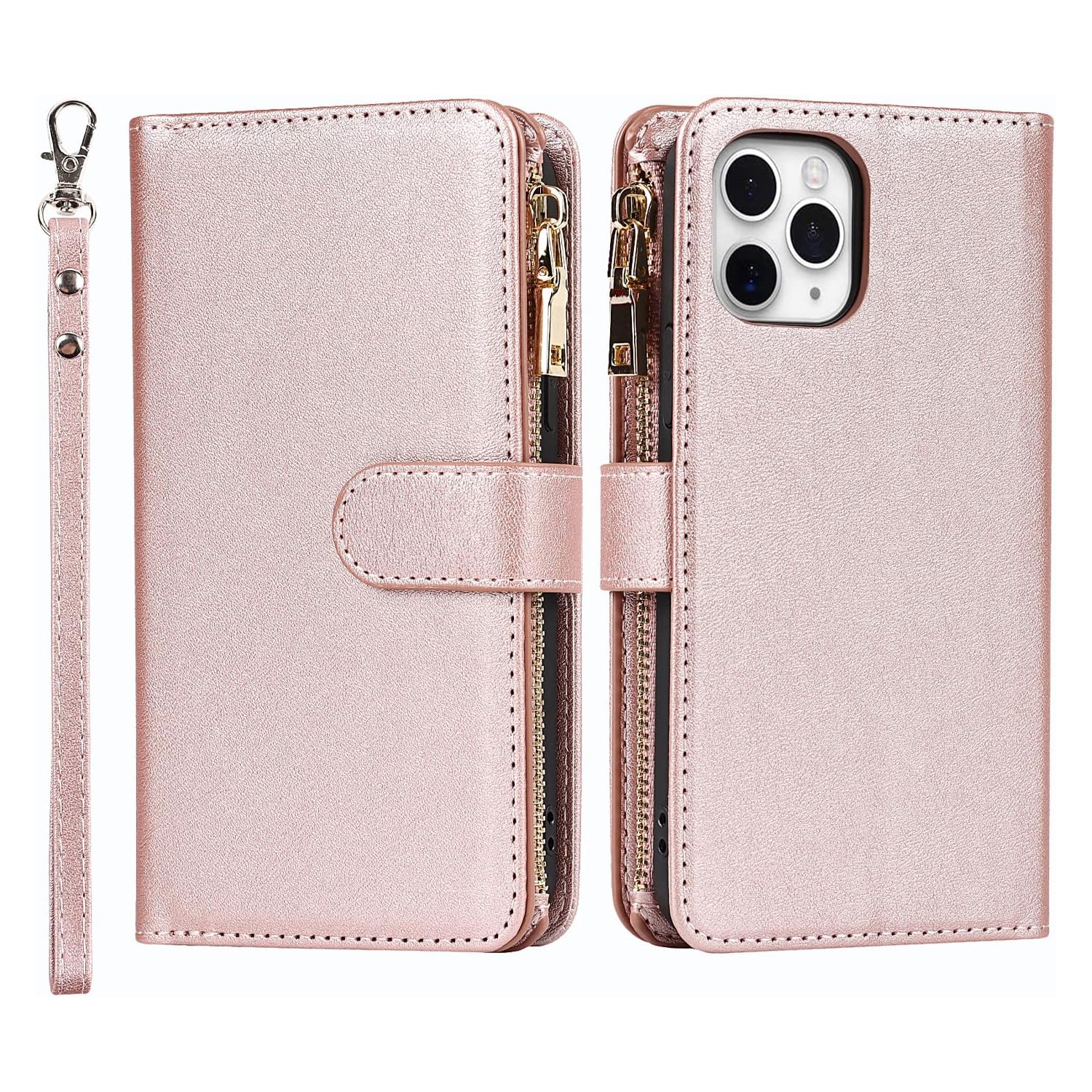 Wallet Case Compatible with iPhone 11 Pro Case,[9 Card Slots] [Wrist Strap] [Stand Feature] Zipper Cash Pocket