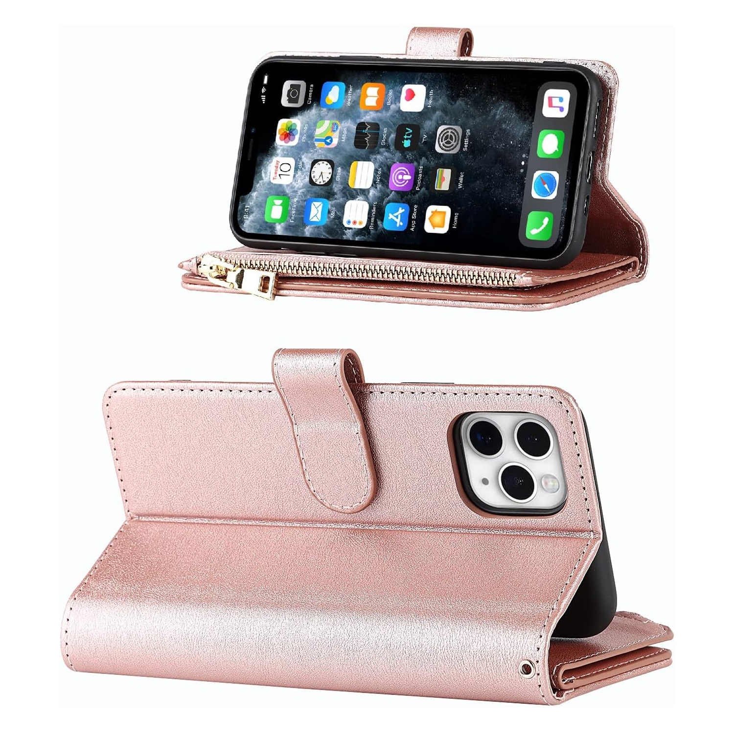 Wallet Case Compatible with iPhone 11 Pro Case,[9 Card Slots] [Wrist Strap] [Stand Feature] Zipper Cash Pocket