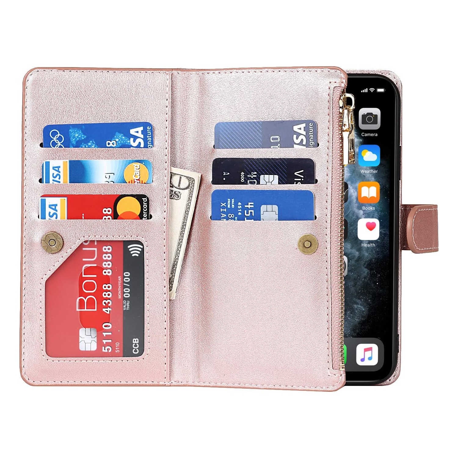 Wallet Case Compatible with iPhone 11 Pro Case,[9 Card Slots] [Wrist Strap] [Stand Feature] Zipper Cash Pocket