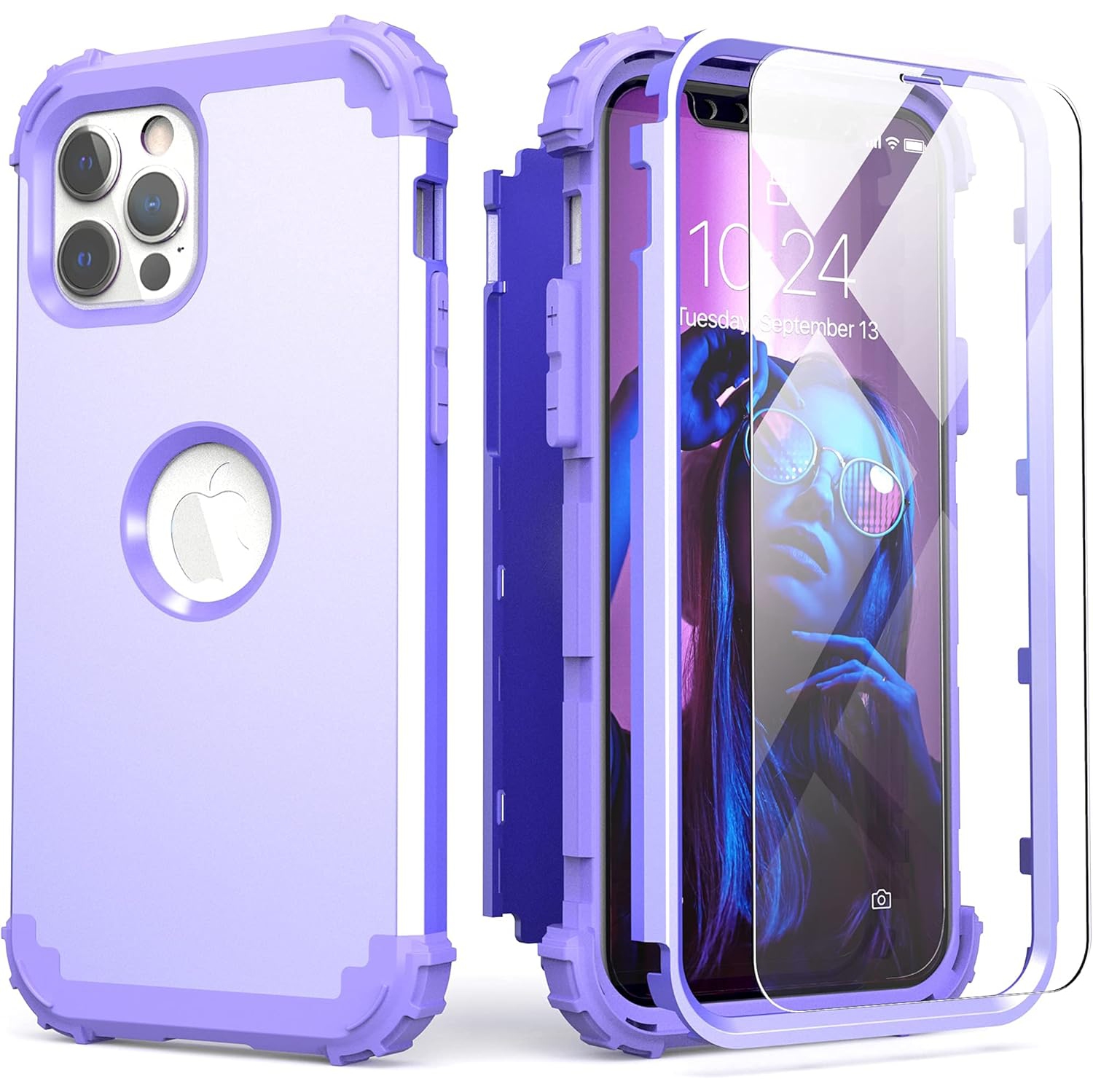 iPhone 12 Pro Max Case with Tempered Glass Screen Protector, Hybrid 3 in 1 Shockproof Slim Fit Heavy Duty