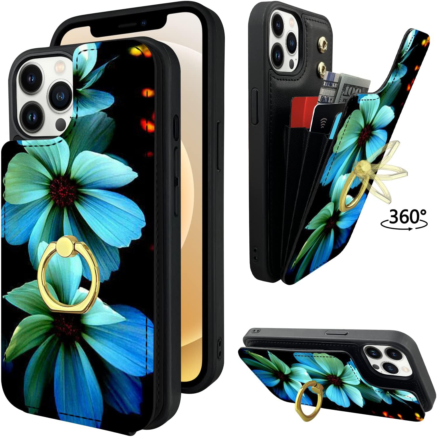 for iPhone 12 and 12 Pro Wallet Case with Card Holder, 360¡ã Rotation Finger Ring Holder Kickstand