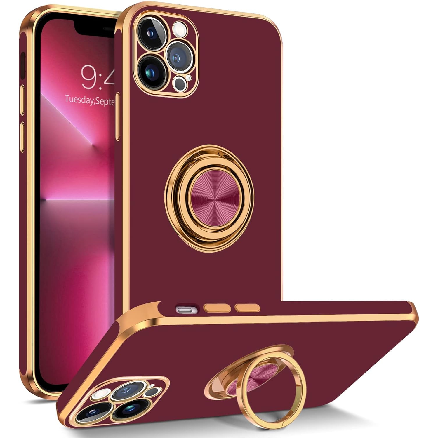iPhone 13 Pro Case, Case iPhone 13 Pro, Ring Holder Edge Plating Rotation Kickstand Soft Silicone TPU Bumper
